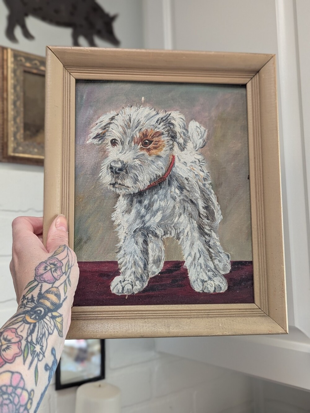 VTG Original MC Terrier Dog Portrait Painting Puppy with Red Collar Pet Lovers